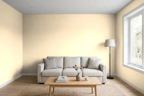 Living room with walls painted Benjamin Moore Secluded Beach 899 (simulated)