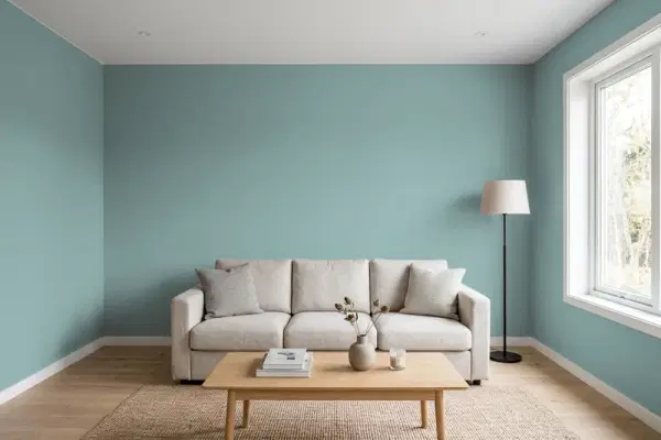 Living room with walls painted Valspar Secluded Garden 5002-4A (simulated)