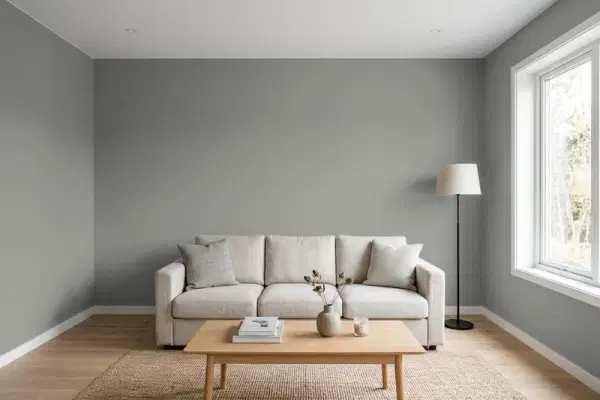 Living room with walls painted Benjamin Moore Secret AF-710 (simulated)