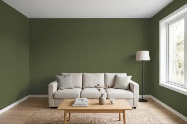 Living room with walls painted Sherwin-Williams Secret Garden SW 6181 (simulated)