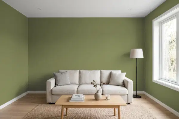 Living room with walls painted Behr Secret Meadow S360-6 (simulated)