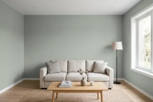 Living room with walls painted Valspar Secret Moss 5005-2A (simulated)