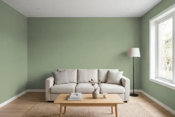 Living room with walls painted Benjamin Moore Secret Path CSP-800 (simulated)