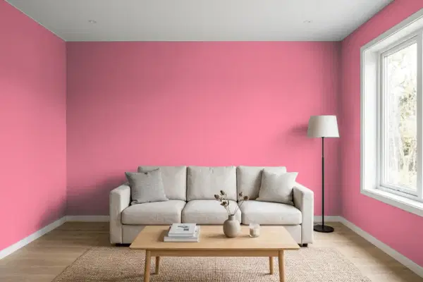 Living room with walls painted Benjamin Moore Secret Rendezvous 1341 (simulated)
