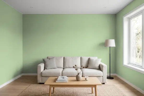 Living room with walls painted Benjamin Moore Seedling AF-450 (simulated)
