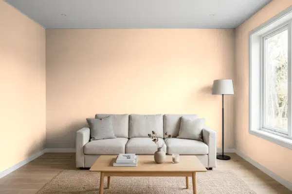 Living room with walls painted Behr Serene Peach 280C-2 (simulated)