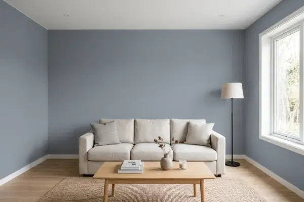 Living room with walls painted Sherwin-Williams Serious Gray SW 6256 (simulated)