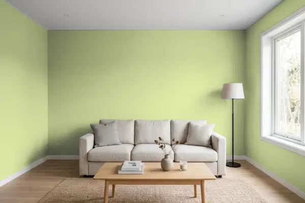 Living room with walls painted Benjamin Moore Shades of Spring 537 (simulated)