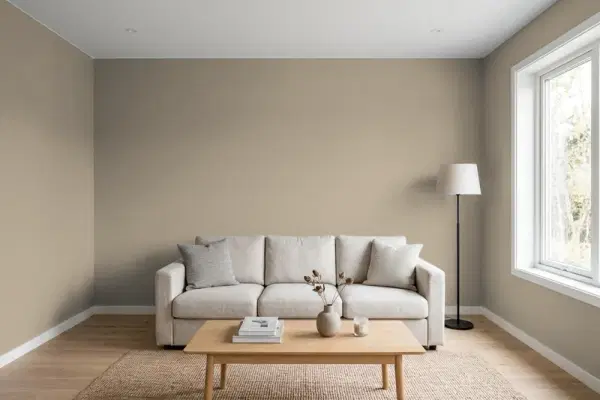Living room with walls painted Behr Shadow Taupe BNC-24 (simulated)