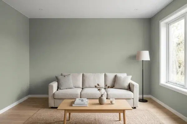Living room with walls painted Behr Shady Willow ECC-36-1 (simulated)