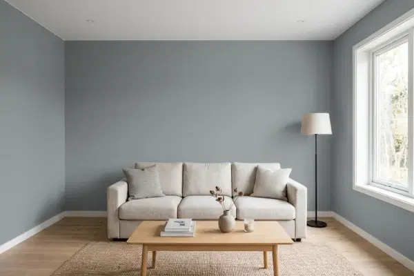 Living room with walls painted Benjamin Moore Shaker Gray 1594 (simulated)