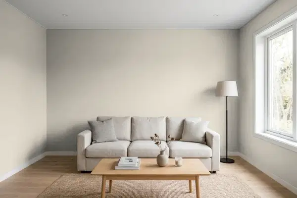 Living room with walls painted Benjamin Moore Shale 861 (simulated)