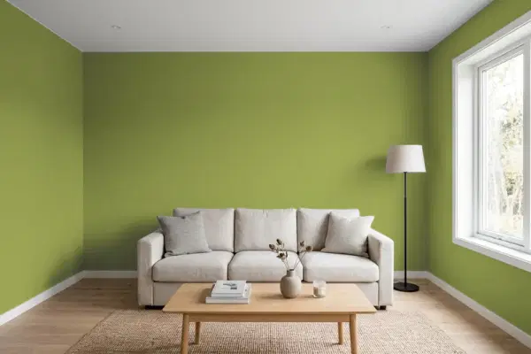 Living room with walls painted Valspar Shallow Valley 6011-9 (simulated)