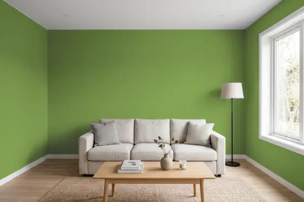 Living room with walls painted Behr Shamrock S-H-420 (simulated)
