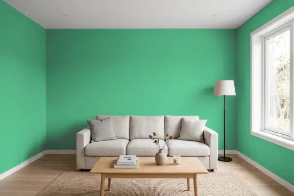 Living room with walls painted Behr Shamrock Green P420-5 (simulated)