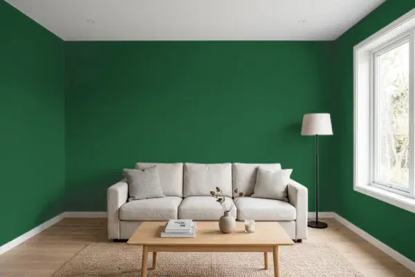 Living room with walls painted Sherwin-Williams Shamrock SW 6454 (simulated)