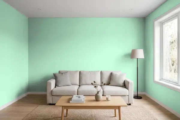 Living room with walls painted Behr Shanghai Jade P410-3 (simulated)