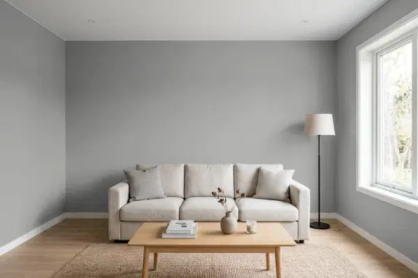 Living room with walls painted Behr Shark Fin PPU24-19 (simulated)