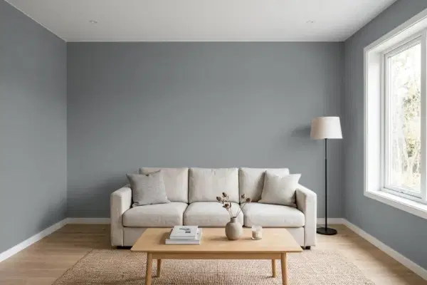 Living room with walls painted Benjamin Moore Shark Gray 2134-40 (simulated)