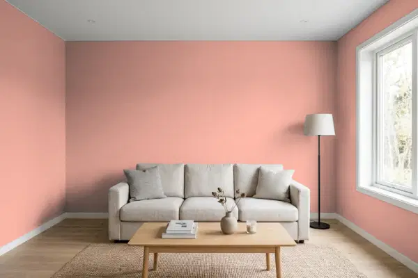 Living room with walls painted Benjamin Moore Sharon Rose 039 (simulated)