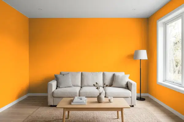 Living room with walls painted Benjamin Moore Sharp Cheddar 2017-20 (simulated)