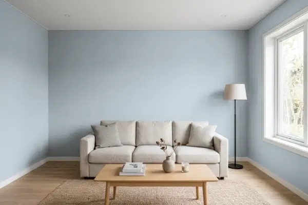 Living room with walls painted Behr Shaved Ice N490-3 (simulated)