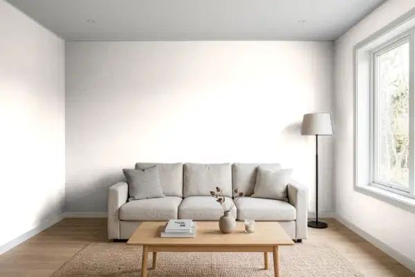 Living room with walls painted Behr Shea RD-W09 (simulated)