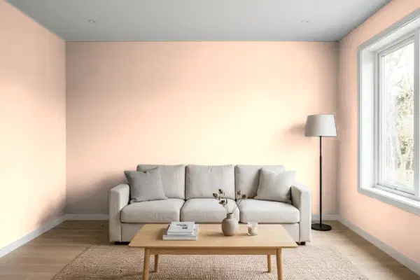 Living room with walls painted Behr Shell Coral 230C-2 (simulated)