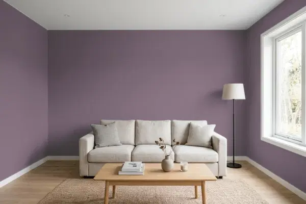 Living room with walls painted Behr Shy Violet 680F-6 (simulated)