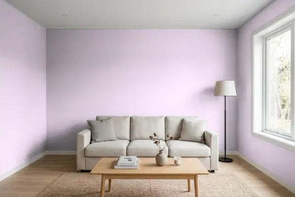 Living room with walls painted PPG Paints Shy Violet 1177-3 (simulated)