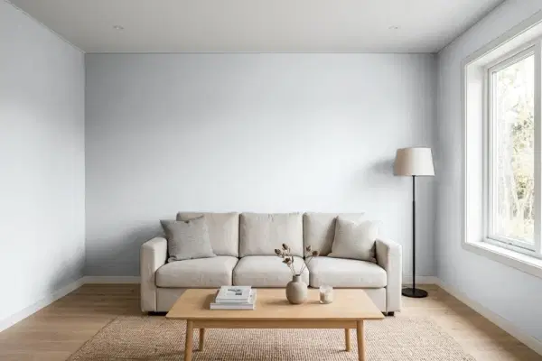 Living room with walls painted Benjamin Moore Sidewalk Gray 2133-60 (simulated)