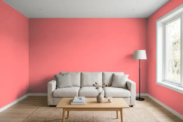 Living room with walls painted PPG Paints Siesta Rose 1188-5 (simulated)