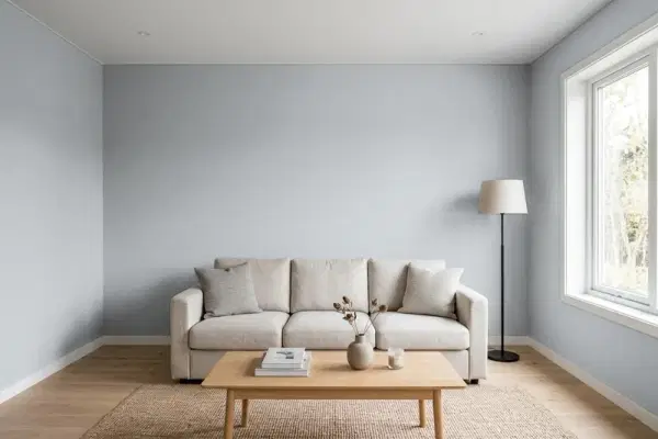 Living room with walls painted Benjamin Moore Silent Night 1613 (simulated)