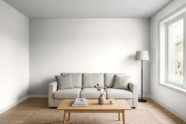 Living room with walls painted Benjamin Moore Silver Bells 1458 (simulated)