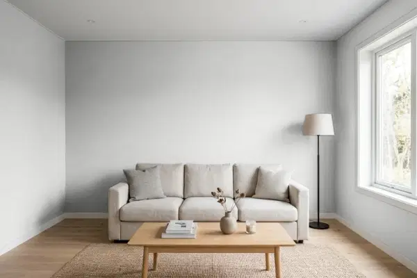 Living room with walls painted Behr Silver Bullet N520-2 (simulated)