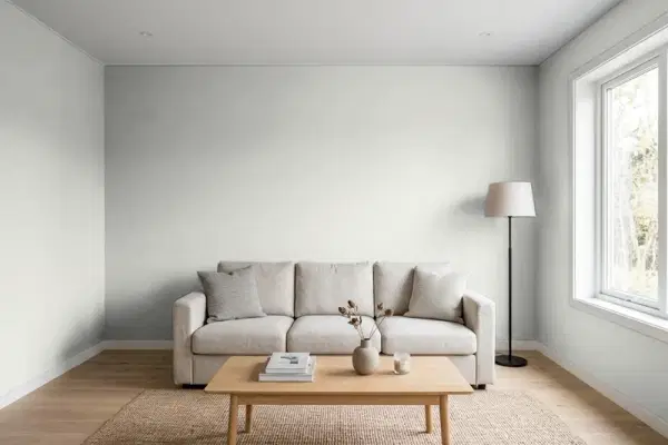 Living room with walls painted Behr Silver City MQ2-59 (simulated)