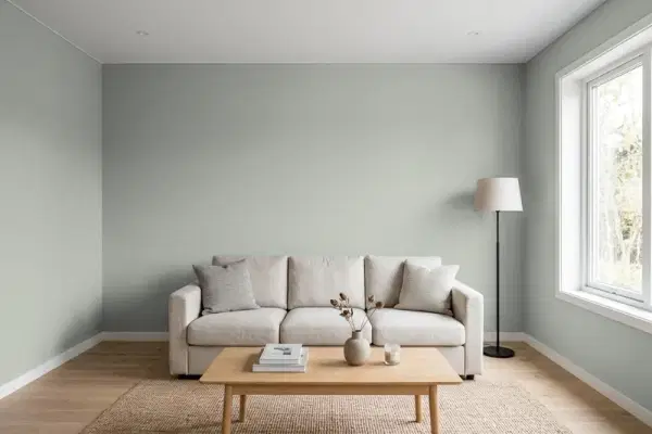 Living room with walls painted Behr Silver Clouds ECC-35-1 (simulated)