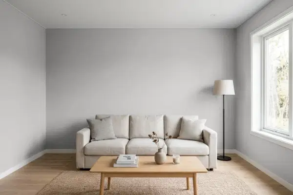 Living room with walls painted Benjamin Moore Silver Dollar 1460 (simulated)
