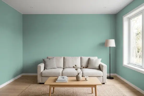 Living room with walls painted PPG Paints Silver Laurel 1137-5 (simulated)