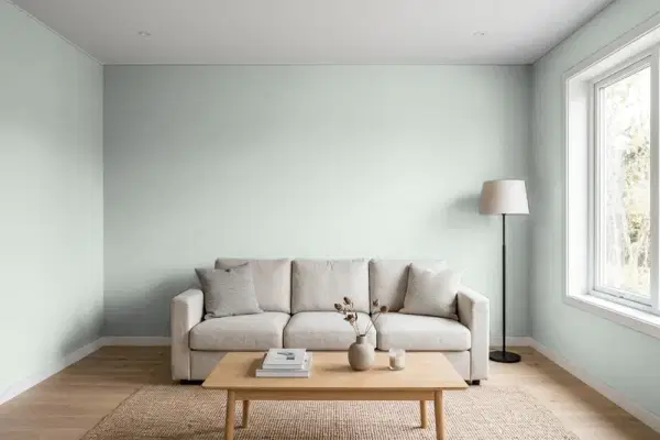 Living room with walls painted Benjamin Moore Silver Marlin 2139-50 (simulated)