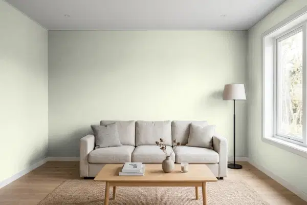 Living room with walls painted Benjamin Moore Silver Sage 506 (simulated)