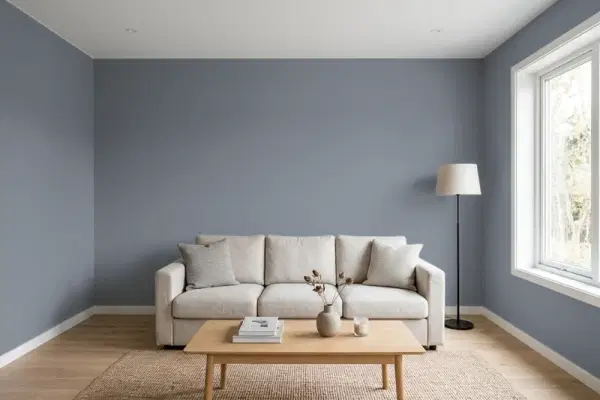Living room with walls painted Benjamin Moore Silver Streak 2119-40 (simulated)