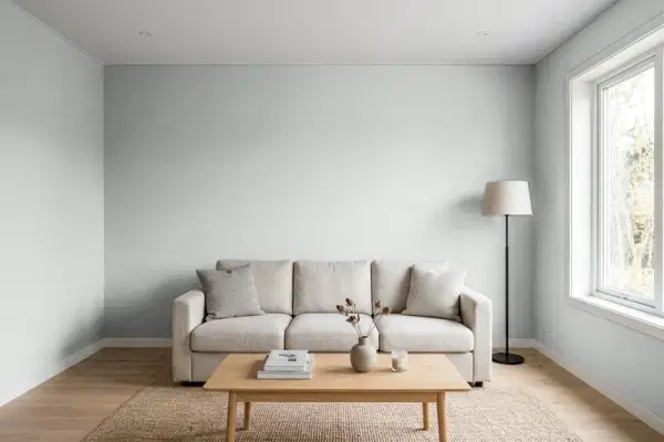 Living room with walls painted Sherwin-Williams Silver Tipped Sage SW 9642 (simulated)