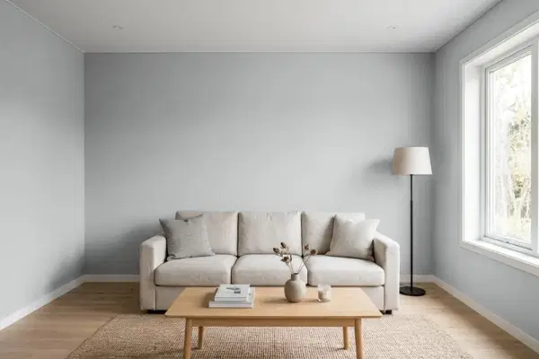 Living room with walls painted Behr Silverstone PPU26-08 (simulated)