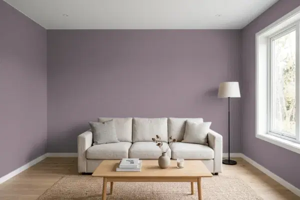 Living room with walls painted Valspar Simple Plum 1001-7B (simulated)