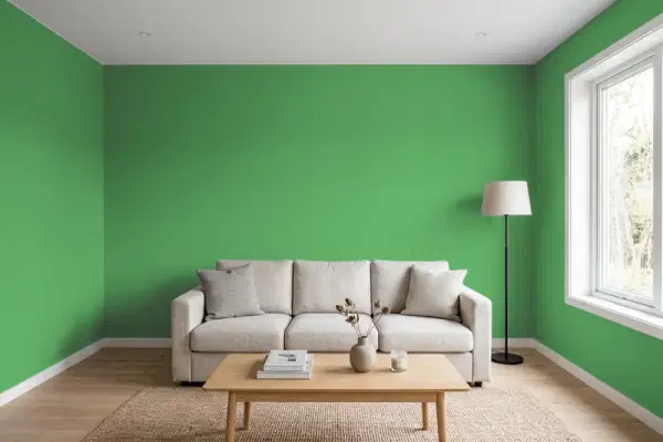 Living room with walls painted Valspar Simply Green 6002-8C (simulated)