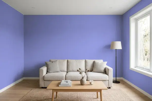 Living room with walls painted Valspar Simply Purple 4004-10B (simulated)