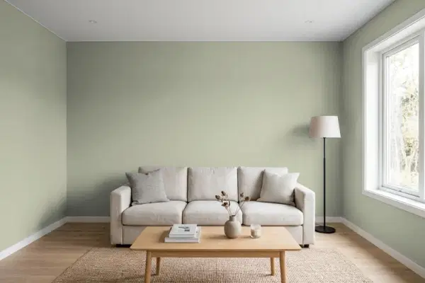 Living room with walls painted Behr Simply Sage PPU10-16 (simulated)