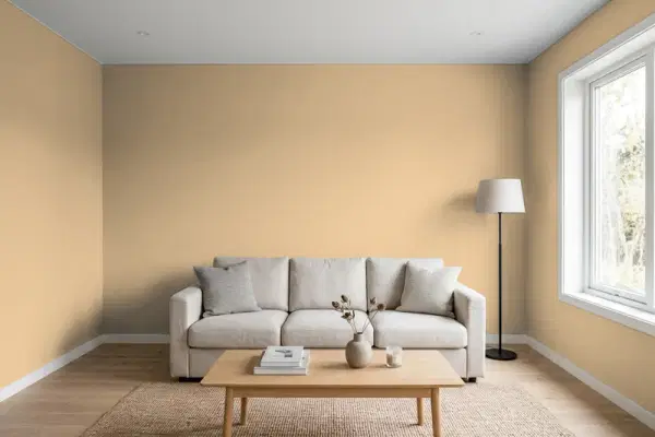 Living room with walls painted Benjamin Moore Sisal CC-304 (simulated)
