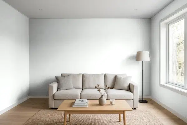 Living room with walls painted Sherwin-Williams Site White SW 7070 (simulated)